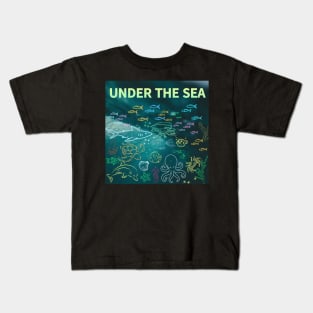 under the sea,blue sea,sea creatures,Turtle, puffer fish, starfish, shrimp, shark, tropical fish, sea horse, seaweed, sardines, squid, crabs, clams Kids T-Shirt